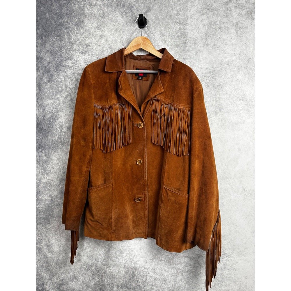 Gallery Genuine Suede Leather Fringe Western Jacket Brown Cognac Women's Size L